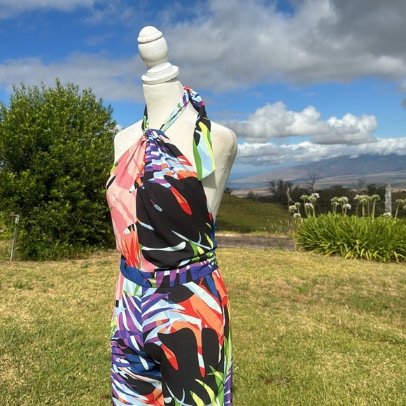NWT Natori tropical Monstera Jumpsuit halter flare leg Retro - Picture 6 of 10